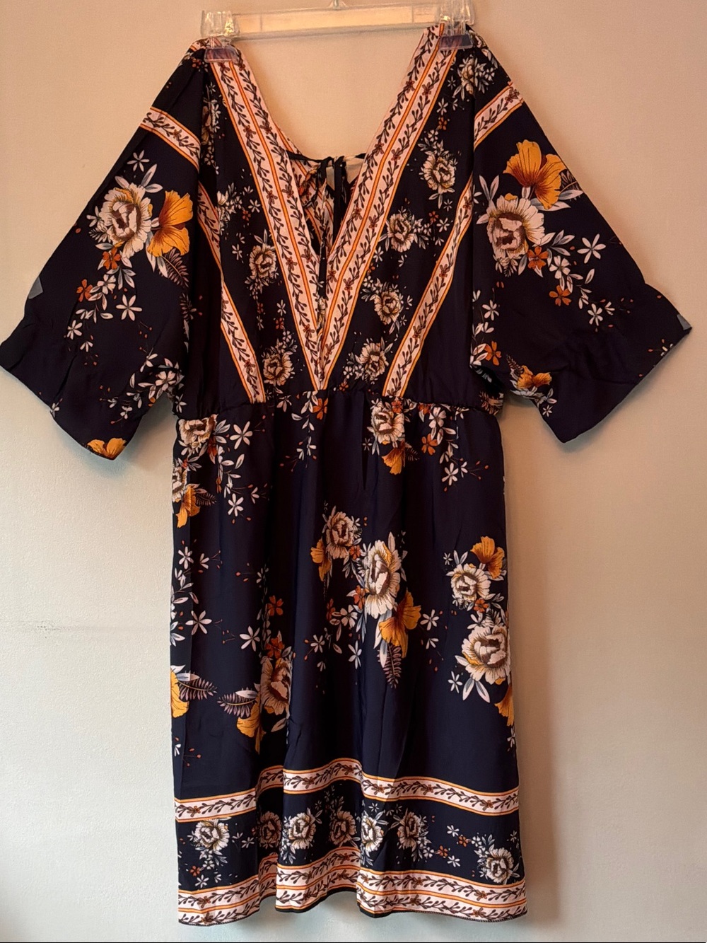 Amazon Black Floral V-Neck Midi Dress with Yellow Accents